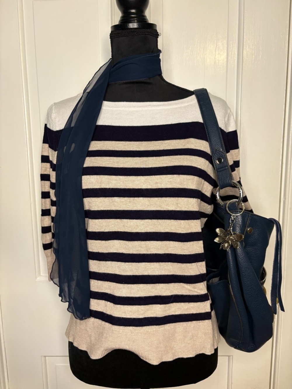 Striped Women's Sweater - Navy and Beige